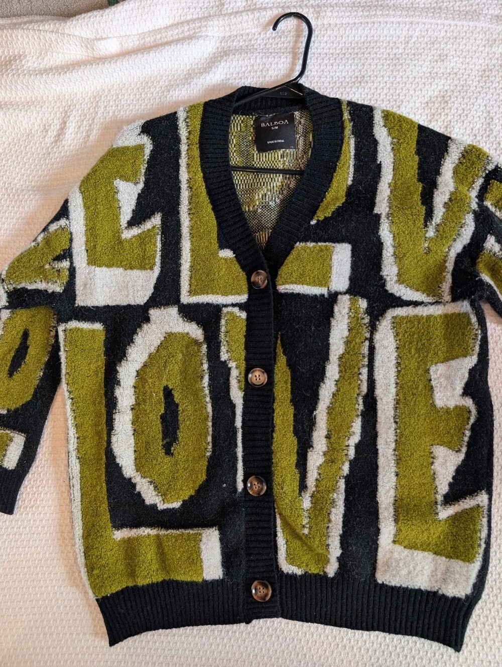 BALBOA Black Olive & Cream 'LOVE' Graphic Button Cardigan